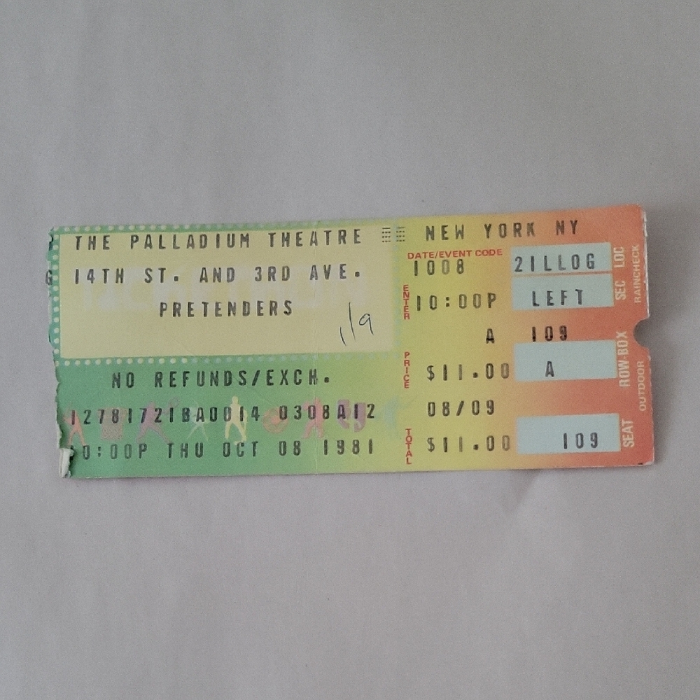 Pretenders Vintage Concert Ticket - The Palladium Theatre,1982